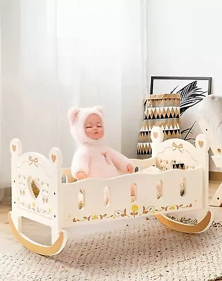ROBOTIME Doll Crib Wooden Baby Doll Cradle Rocking Doll Bed 18 In Doll Furniture • $42.99