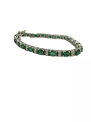 Vintage 10 Ctw 14k White Gold Genuine Emerald & Diamond Tennis Link Bracelet • $1999.99