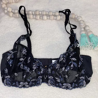 WACOAL Blue Black Floral  FULL FIGURE UNDERWIRE BRA 32D Sheer Sexy UW • $17.90