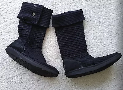 UGG Australia Boots Knit Woven Wool Black Mid Calf Button 8 Cool Weather USED • $35