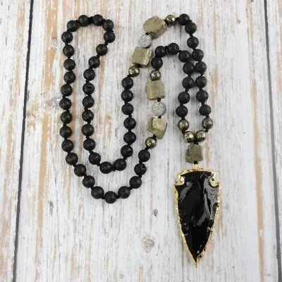 Lava Obsidian Mala Bead Healing Meditation Men Women Knotted Pendant Necklace • $18.99