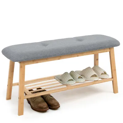 Linen Fabric Upholstered Shoe Bench Storage Shelf Piano Chair Bed End Sofa Stool • £42.95