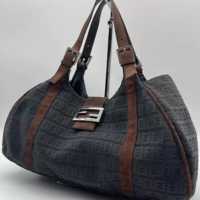 Fendi Tote Bag FF Logo Zucchino Zucca Pattern Black Brown Canvas Leather Auth • $290