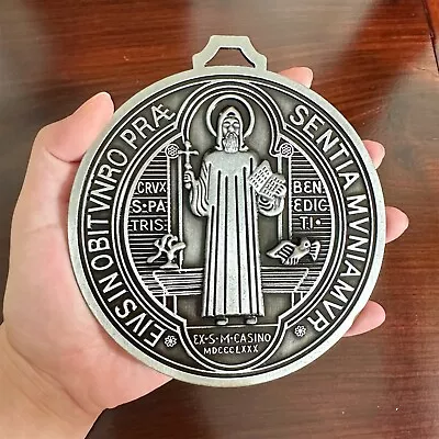 St Benedict Cross Medal Vintage Brass Silver 5inch Roman Medalla De San Benito • $12.50