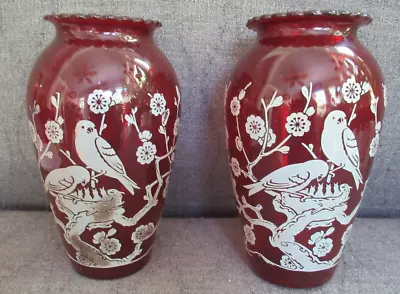 Pair Vintage 9” Pigeon Blood Red Glass Enameled Vase With Bird Scenes • $14.98