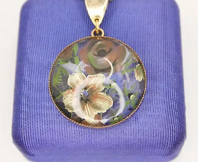 Vintage Reverse Painted Glass Floral Necklace Gold Tone Boho Hippie Cottage • $18