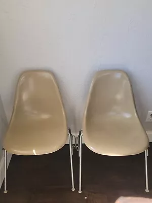 2 Vintage Eames Herman Miller Fiberglass Shell Side Chair Tan Beige MCM Set • $599.99