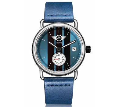 Men's Watch Mini Cooper Leather Watch Strap Dial Blue Case Steel 1 9/16in • $150.49
