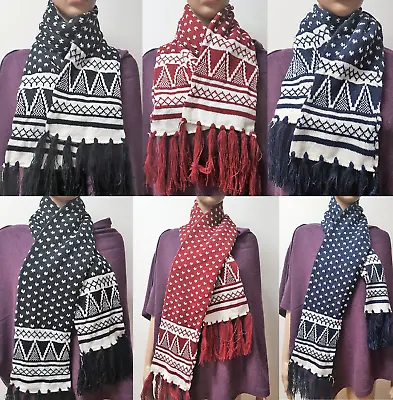 Unisex Fairisle Knitted Scarf Winter Scarves Neck Warmer Knit Tassels • £5.45