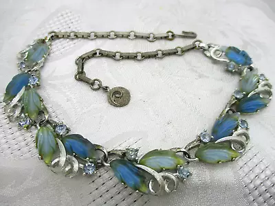 Vintage Jewelry Signed Lisner Blue Givre Molded Leaf Rhinestone Necklace 16  • $48