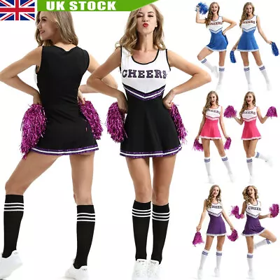 Cheerleader Fancy Dress Outfit Uniform High School Cheer Costume With Pom Poms • £5.69