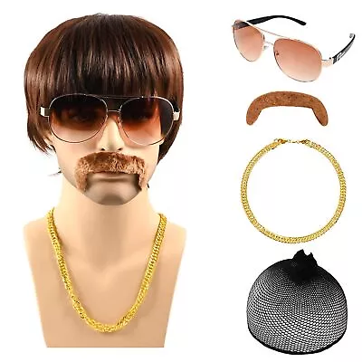 5 Pcs Set 70s 80s Disco Wigs Set With Mustache Sunglasses Chain Hairnet • $43.69