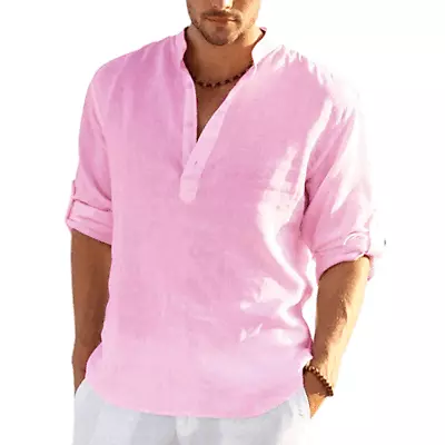 $16.37 • Buy Mens Cotton Linen V-Neck Long Sleeve T-Shirt Tops Casual Loose Solid Blouse Tee