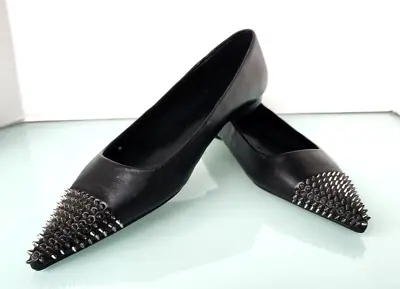 Zara Black Leather Ballet Flats Studded Pointed Toe Shoes New Sz 38 • $62