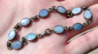 Vintage Sterling Silver Flat Opal Cabochon Link Bracelet 925 6.75 Inches 8.1g • $170