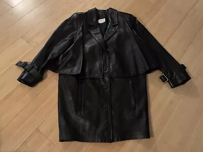 $85 • Buy VAKKO Womens Leather Coat Button Up Belted Cuffs Moto Jacket Black Sz S USA MADE