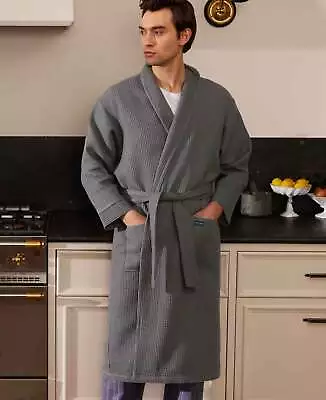 Savile Row Company Men's Luxury Lightweight Grey Cotton Waffle Dressing Gown • £54.95