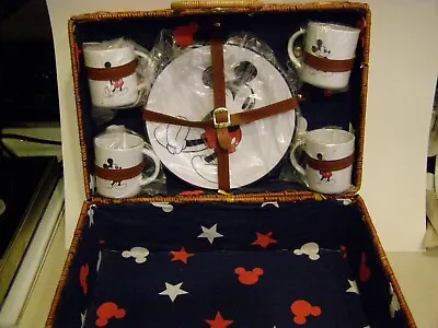 RARE - Disney Mickey Mouse Wicker Americana Picnic Basket 4-Plates & Cups NEW • $49.99