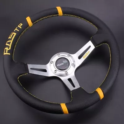 14  Universal Deep Dish Racing Steering Wheel PU Leather 6 Hole & Horn Button • $36.99