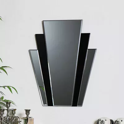 Black Glass Panelled Retro Art Deco Wall Mirror Vintage Living Room Hall Display • £61.95