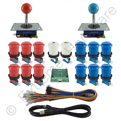 £44.99 • Buy 2 Player Arcade Control Kit 2 Ball Top Joysticks 14 Buttons Xin-Mo Red/Blue MAME