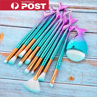 11 Mermaid Makeup Brush Set Fish Tail Foundation Eyeshadow Blush Cosmetic Brush • $7.84