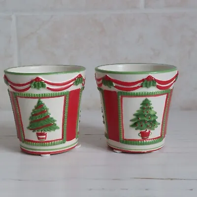 Yankee Candle Tealight Votive Candle Holder X2 Christmas Tree Ceramic Red Green • £10
