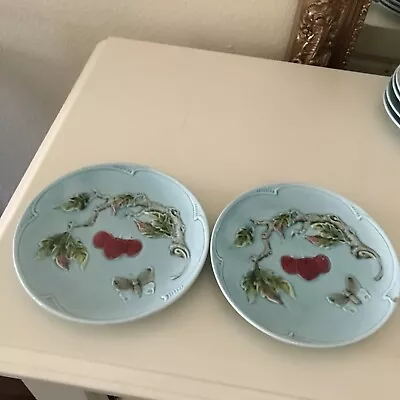 Vintage Two G S ZELL Germany Majolica Aqua Blue Bread Plate Cherries Butterfly • $20