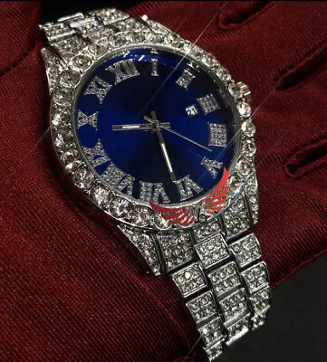 Mens Iced Out Blue Face Watch- Luxury Crystal CZ Bling Stainless Steel Timepiece • £24.99