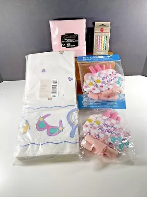 Vintage NOS  Sealed Pink Birhtday Tablecloth/Guest Blowers/ Napkins / 12 Candles • $24.30