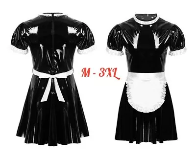 Latex French Maid Costume Wet Leather Puff Sleeve Female Male Outfit • $39.99