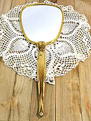 Vintage Art Deco Style Hand Mirror - Gold Tone - Brocade Fabric - 1960's • $29.99