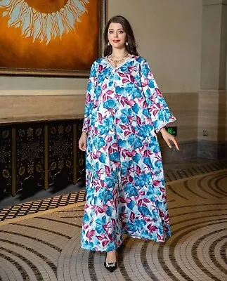 Abaya Kaftan Muslim Women V-Neck Floral Maxi Dress Moroccan Dubai Party Evening • $40.71