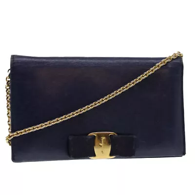 Salvatore Ferragamo Chain Wallet Saffiano Leather Blue Auth Am4245 • $273.19