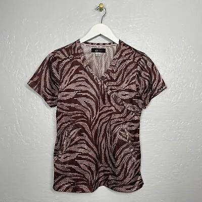 Koi Lite Women S Brown Zebra Animal Print Bliss Scrub Top Pockets Lightweight • $25