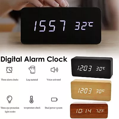 Wooden Digital Alarm Clock LED Desk Temperature Date Voice Control Night Light • $38.99