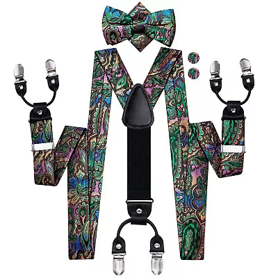 Mens Paisley Silk Braces Heavy Duty Elastic Suspender Bow Tie Trouser Belt Party • $20.99