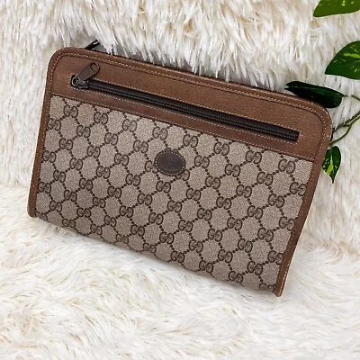 GUCCI Vintage Clutch Hand Bag Purse GG PVC Leather Brown 【A】31103 • $220