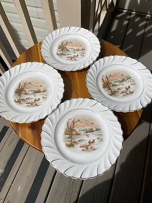 Vintage Hand Painted Winter Sledding Plow Porcelain Dessert Salad Plates 7”-4 • $30