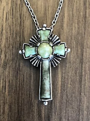 Vintage Signed MIRACLE Cross Pendant Necklace Crucifix Green Toned • $19.99