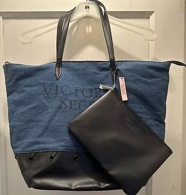 Victoria's Secret Carry All Denim/faux Leather Top Xl Tote Bag & Pouch Nwt • $24