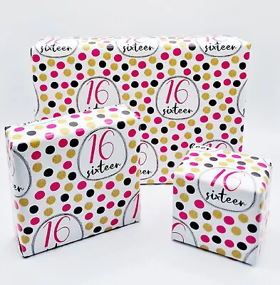 2 Sheets 16th Birthday Wrapping Paper Age 16 Giftwrap Female Pink Polka (PA-W165 • £2.49