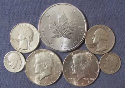 Lot 6 Us Silver Coins & Canada 1 Oz 9999 Silver 5 Dollar 1964 & 1964 D Us Half $ • $50