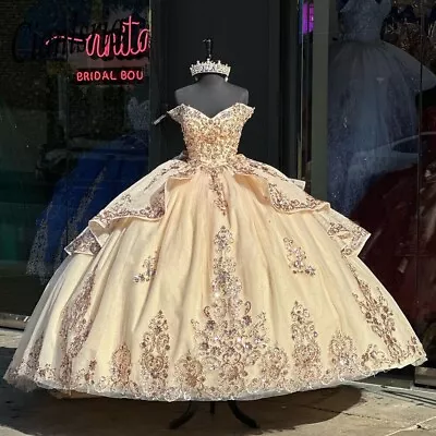 Gold Quinceanera Dresses Off Shoulder Beading Sweet 15 16 Pageant Prom Ball Gown • $35.99