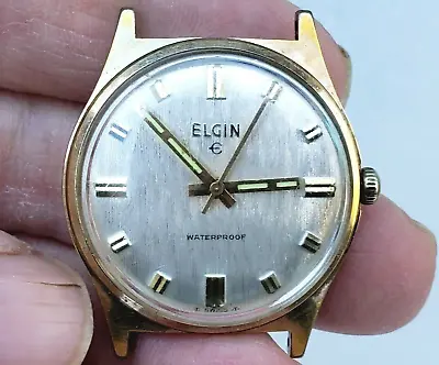 Elgin Watch Men's 33mm Swiss Wristwatch Stylized E Tritium Hands RUNNING 1960s • $85