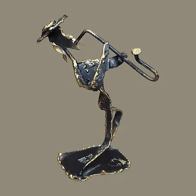 Vintage Metal Sculpture Musician Playing Sax Statue Signed Handmade Israel • $20