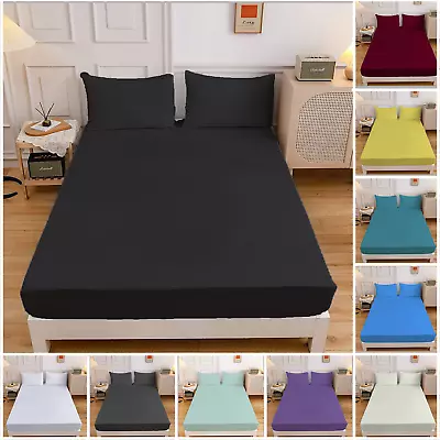 100% Egyptian Cotton 25cm Fitted Sheet 400TC Bed Sheets Set With Pillowcase • £9.99