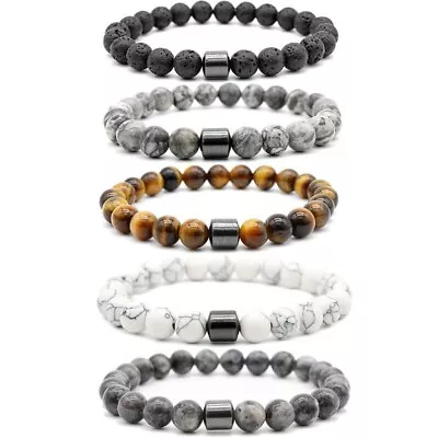 Men's Gemstone Strand Bracelet Black Magnetic Hematite Beads Energy Healing Yoga • £4.97