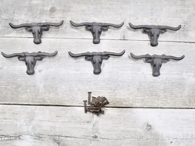 6 Rustic Longhorn Steer Drawer Handles Pulls 4 1/2  Cast Iron Cow Bull Bin Horn • $21.99