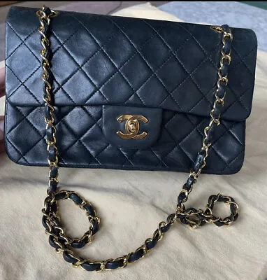 Authenticated Chanel Black Quilted Vtg Small Classic Double Flap Bag  24k Gold • £3100